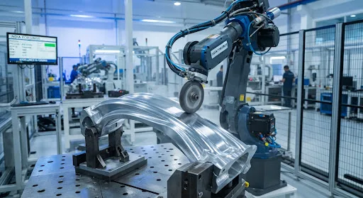 Automated finishing of a curved aluminum forged part in a clean facility